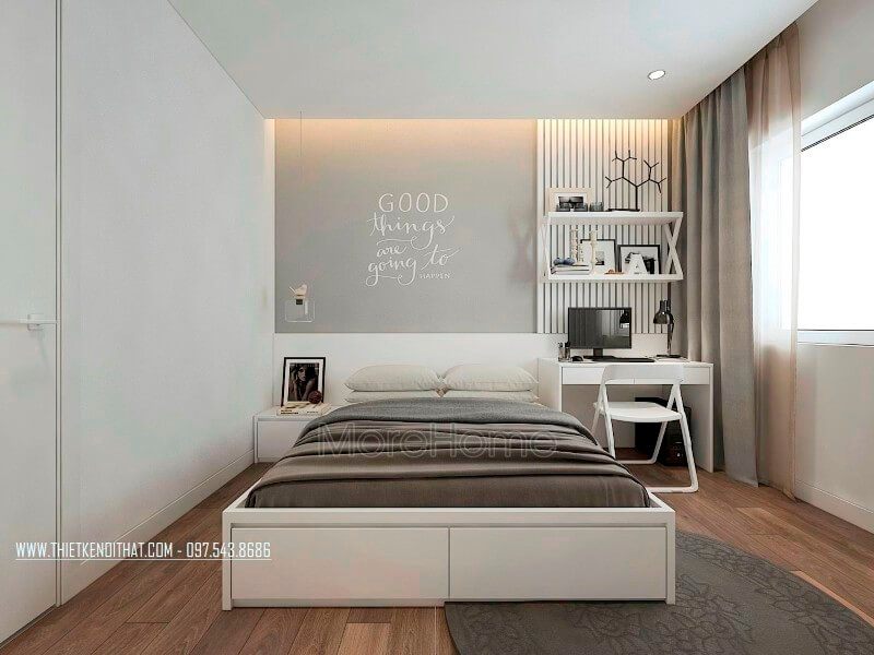 Phía đầu giường được thiết kế tạo điểm nhấn cho không gian phòng ngủ với giấy dán tường hàn quốc màu xám có dán chữ màu trắng.