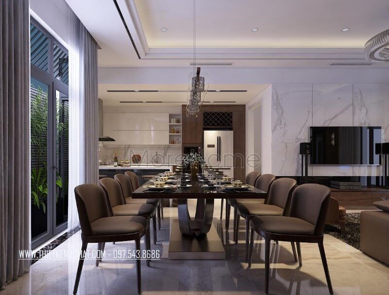 Mẫu bàn ghế ăn dài hiện đại với thiết kế khung gỗ cao cấp ốp chất liệu da lì màu đen, vách bàn ăn được thiết kế độc đáo, lạ mắt cho không gian ấm cúng của gia đình