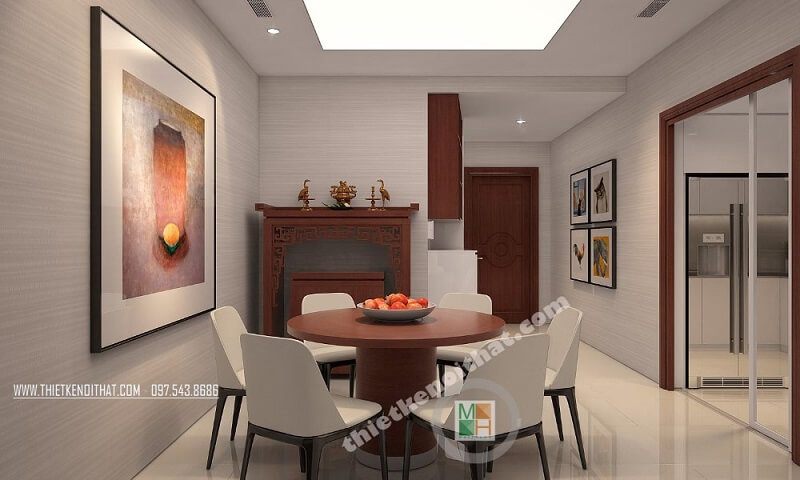 Thiết kế nội thất căn hộ chung cư Royal City Thanh Xuân đẹp với phòng bếp và bàn ăn liền kề rất thuận tiện mang đến cảm giác gần gũi cho gia chủ.