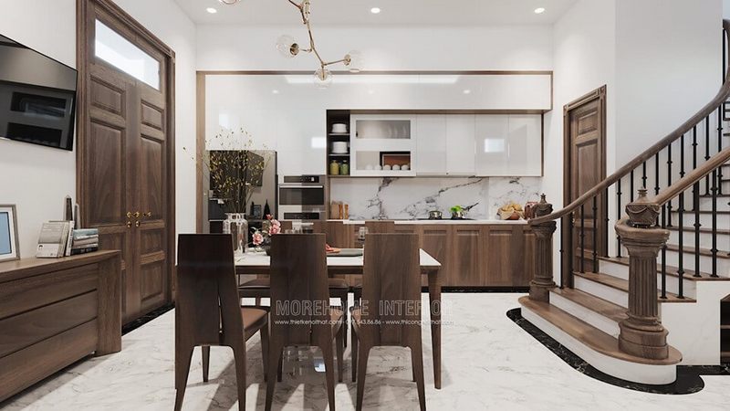 Nội thất phòng ăn với nội thất gỗ tự nhiên cao cấp với thiết kế mới lạ, chắc chắn giúp người ngồi thoải mái nhất