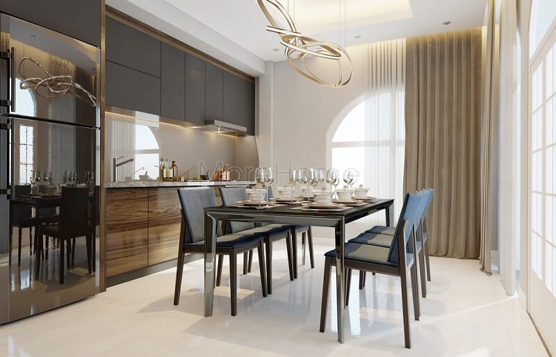 Mẫu thiết kế nội thất phòng bếp cho căn hộ, biệt thự, khách sạn cao cấp với hệ tủ bếp, bàn ăn hiện đại, đẳng cấp