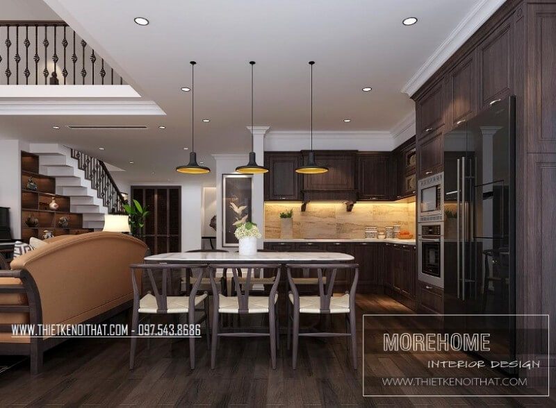 Liền kề là phòng khách sang trọng là không gian phòng ăn ấm cúng kết hợp phòng bếp giúp cơi nới không gian thêm rộng hơn, giúp cho cả gia đình luôn có cảm giác ấm áp quây quần bên nhau