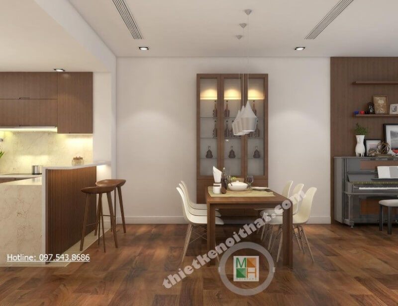 Thiết kế nội thất phòng ăn chung cư liền kề với các không gian sinh hoạt chung khác giúp cho gia chủ dễ dàng tiếp đãi khách tới chơi nhà những bữa ăn ngon miệng và nhanh chóng hơn