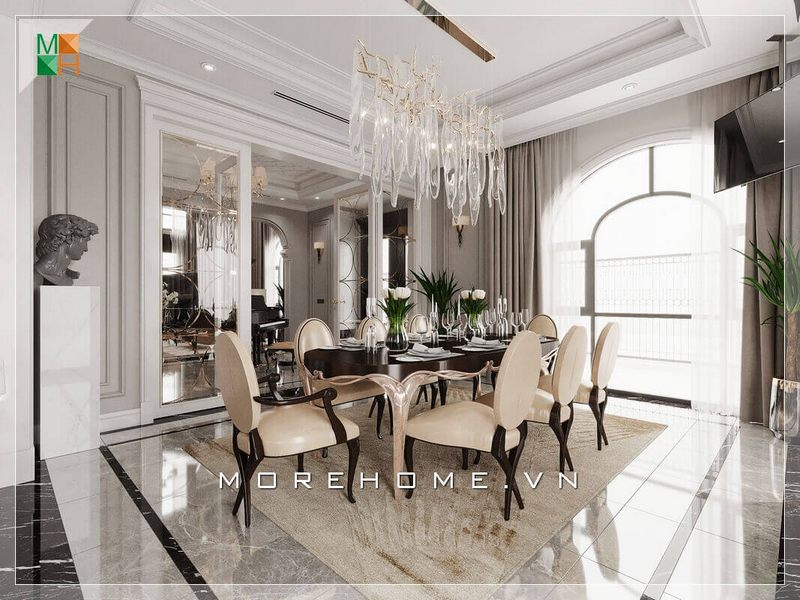 Thiết kế mẫu bàn ăn gỗ 8 ghế ăn bọc da chân gỗ óc chó sang trọng.