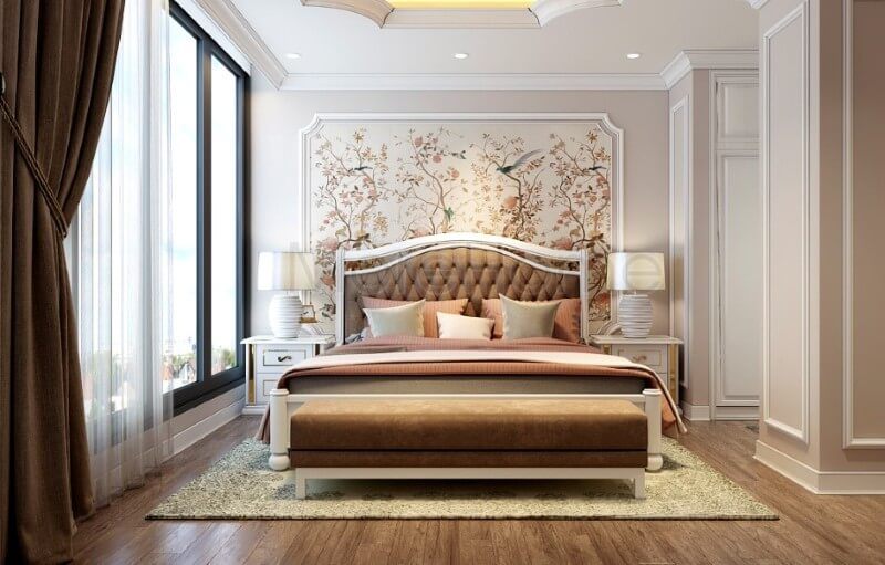 Nội thất phòng ngủ chung cư ấn tượng với các chi tiết trạm khắc tinh tế, tỉ mỉ và cầu kỳ vừa đảm bảo giữ được nét đẹp tân cổ điển lại mang lại cảm giác ấm áp và gẫn gũi.