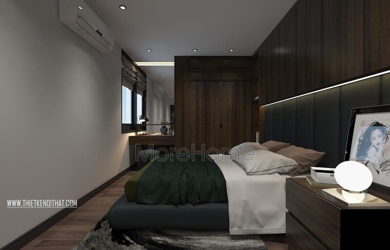 Nội thất phòng ngủ master tại căn hộ chung cư 2 phòng ngủ được thiết kế thi công theo phong cách hiện đại với tông màu trầm ấm áp