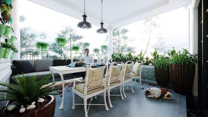 Bộ bàn ghế sofa ngoài trời độc đáo, sáng tạo nhưng lại mang nét hài hòa giữa sofa văng hiện đại và bộ bàn 3 ghế tân cổ điển sang trọng.