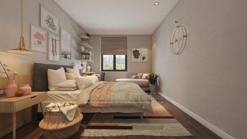 Thiết kế nội thất phòng ngủ hiện đại đẹp sang trọng với điểm nhấn tranh treo tường, góc học tập, làm việc độc đáo.