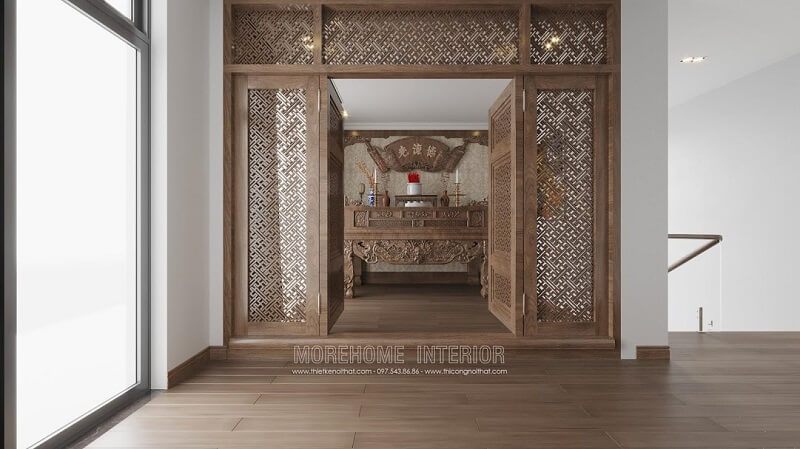 Mẫu cửa gỗ 4 cánh phòng thờ với thiết kế phần khung ngoài gỗ tự nhiên và bên trong được các điệu nằng vách cnc thay vì tấm cửa gỗ truyền thống tạo nên sự trang nhã, tinh tế cho không gian phòng thờ