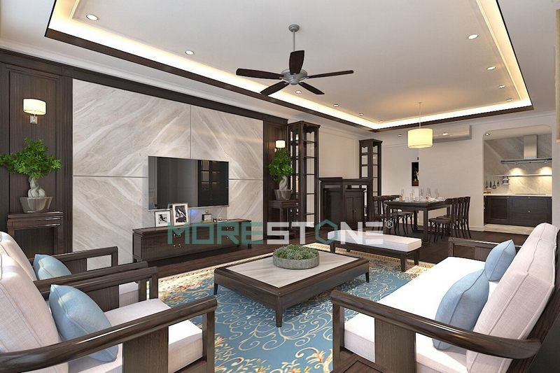 Vách tivi bằng đá tự nhiên đơn giản mà tinh tế, sang trọng. Thiết kế đơn giản nhưng không thô cứng. Trái lại, thiết kế mang lại sự thời thượng, hiện đại.