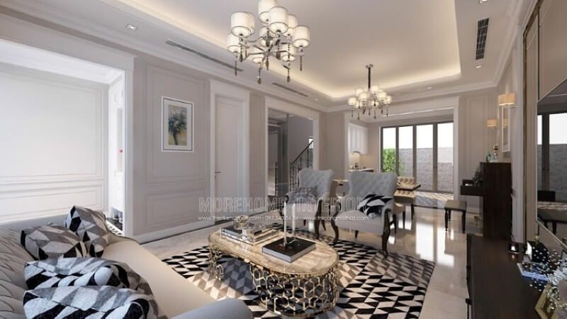 Trang trí nội thất phòng khách biệt thự ấn tượng, đồ gỗ nội thất được bố trí hợp lí, mang lại cho gia chủ một không gian sang trọng đầy tiện nghi