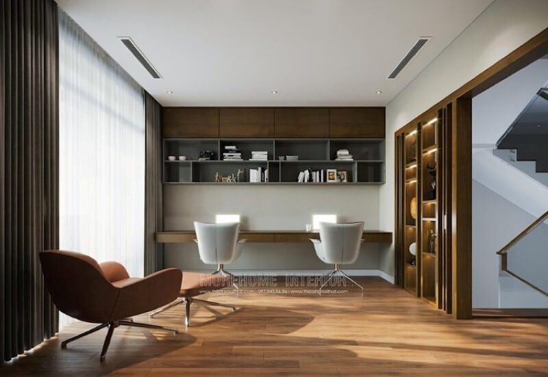 Kệ ốp tường thiết kế đơn giản với các nhiêu ô để đồ giúp bạn lưu trữ đồ gọn gàng ngăn nắp dành cho 2 người.