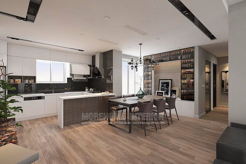 Thiết kế phòng bếp chung cư đẹp với hệ tủ bếp acrylic thông minh cùng bộ bàn ăn gỗ cao cấp được nhiều gia chủ yêu thích và hướng đến