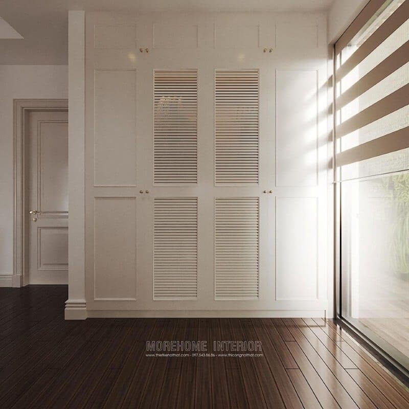 Mẫu tủ quần áo gỗ tự nhiên màu trắng được thiết kế âm tường phù hợp với nhiều không gian phòng ngủ chung cư, biệt thự...