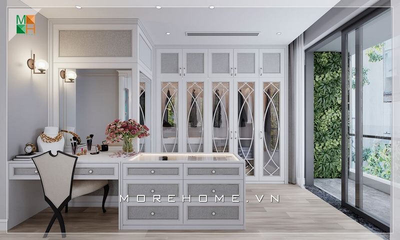 Nổi bật lên là đảo phụ kiện kết hợp bàn trang điểm cho phòng thay đồ, đây là sự kết hợp hoàn hảo và khoa học.