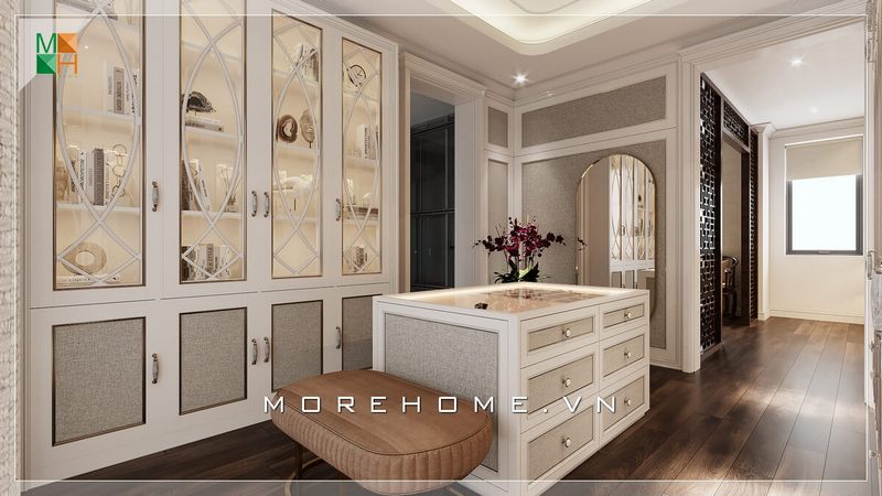 Cuốn hút với thiết kế sáng tạo của mẫu đảo phụ kiện kết hợp ghế đậm chút tân cổ điển rất bắt mắt và tiện nghi