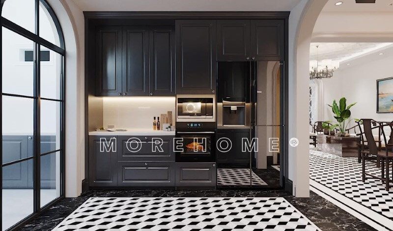 Nhằm lấy ánh sáng tự nhiên cho phòng bếp kiến trúc sư lựa chọn kính cường lực giúp không gian hài hòa hơn