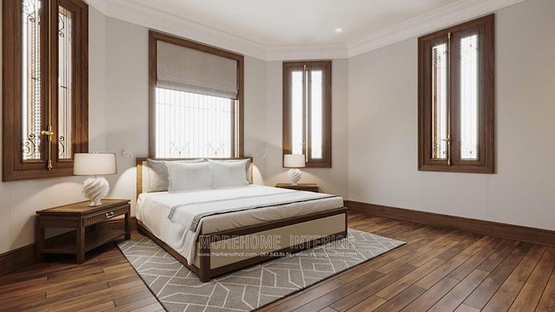 Sự xuất hiện của các mẫu cửa kính khung gỗ này tạo độ hiện đại và sang trọng hơn cho không gian phòng ngủ.