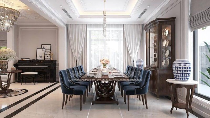 Bộ bàn ghế ăn tân cổ điển 10 ghế đẹp sang trọng cho biệt thự, nhà phố.