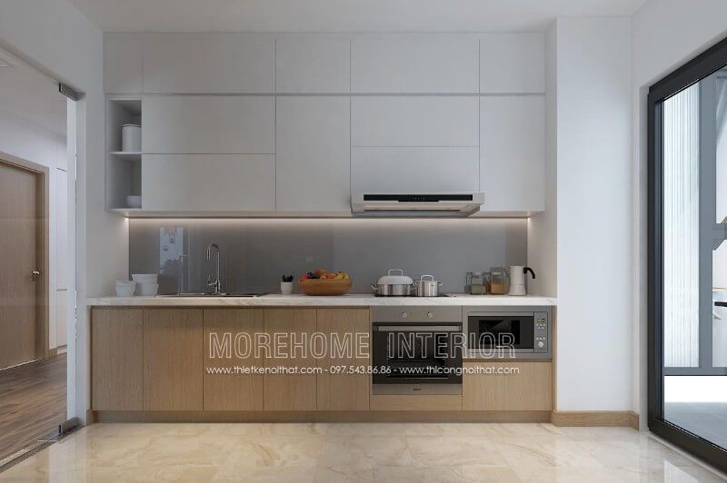 Lựa chọn tone màu sáng nhẹ nhàng, tinh tế, tủ bếp gỗ công nghiệp tạo nên không gian nhà bếp rộng thoáng mà không kém phần sang trọng