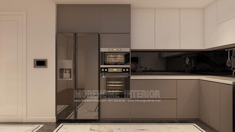 Tủ bếp công nghiệp bóng gương với 2 gam màu đối lập xám - trắng ấn tượng không bao giờ bị lỗi mốt
