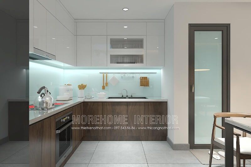 Mẫu tủ bếp hiện đại được kết hợp từ 2 loại chất liệu gỗ acrylic và gỗ MDF dán laminate của An Cường không chỉ mang lại sự sang trọng cho căn bếp, đồng thời đáp ứng được tiêu chí bền và đẹp.