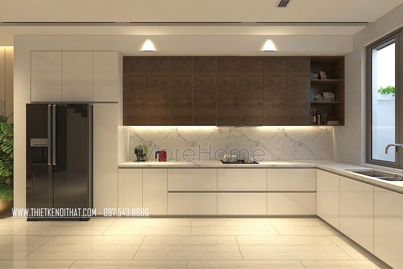 Mẫu tủ bếp gỗ công nghiệp chữ L hiện đại với nhiều ngăn tủ tạo sự tiện nghi cho người nội trợ