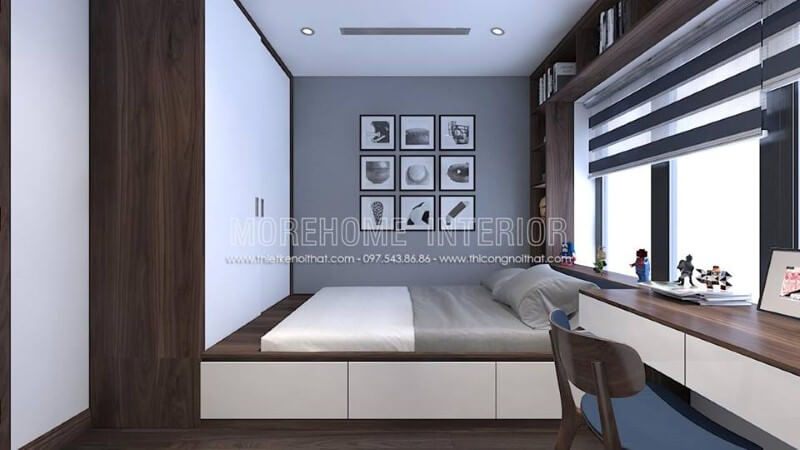 Giường ngủ có hộc kéo liền tủ quần áo vừa đẹp vừa tận dụng tối đa công năng vừa mang lại sự thông thoáng cho cả không gian.