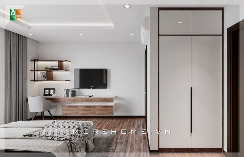 Ấn tượng với kệ tv và kệ trang trí gần tv phòng ngủ rất sáng tạo và độc đáo, tất cả đều sản xuất từ chất liệu chính là gỗ cảm giác rất gần gũi thiên nhiên.