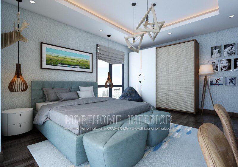 Mẫu giường ngủ gỗ sồi nhập khẩu kết hợp bọc da cao cấp với gam màu xanh sang trọng hiện đại.