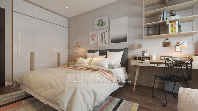 Bàn làm việc cùng kệ trang trí gỗ sồi tone sáng tạo nên góc học tập, làm việc hiện đại, trẻ trung cho phòng ngủ con