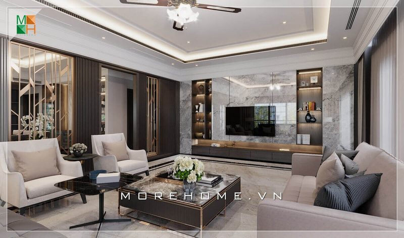 Bất cứ vị khách nào khi bước vào phòng khách này cũng sẽ phải trầm trồ vì vẻ đẹp thật sự đẳng cấp, sang trọng toát lên từ từng món đồ nội thất, thể hiện gu thẩm mỹ tinh tế của gia chủ