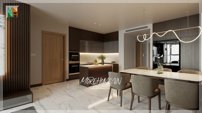 Phòng ăn liền bếp chung cư được xem là giải pháp hiệu quả cho không gian không được rộng nội thất thiết kế hợp lí mang lại sự tiện nghi trong sử dụng và thẩm mỹ cao cho không gian
