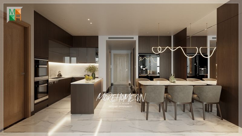 Thiết kế phòng ăn liền bếp căn hộ nội thất hiện đại phục vụ tốt cho quá trình sử dụng của gia chủ và tính thẩm mỹ cho không gian cao.