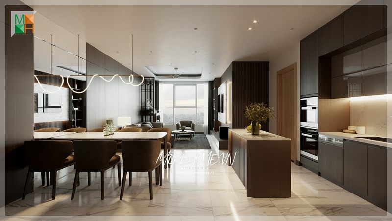 căn hộ thiết kế phòng ăn liền phòng bếp mang phong cách hiện đại nội thất tiện nghi sử dụng thoải mái hằng ngày.