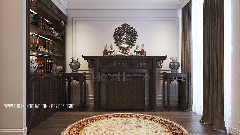 Thiết kế nội thất phòng thờ chung cư đẹp với tông màu nội thất nâu trầm sang trọng.