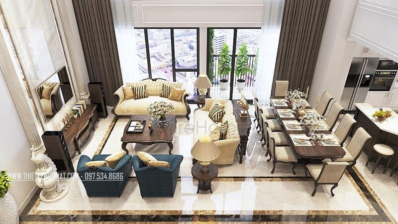 Cận cảnh mẫu thiết kế nội thất phòng khách căn hộ Duplex Thanh Xuân Hà Nội bằng đồ gỗ óc chó cao cấp