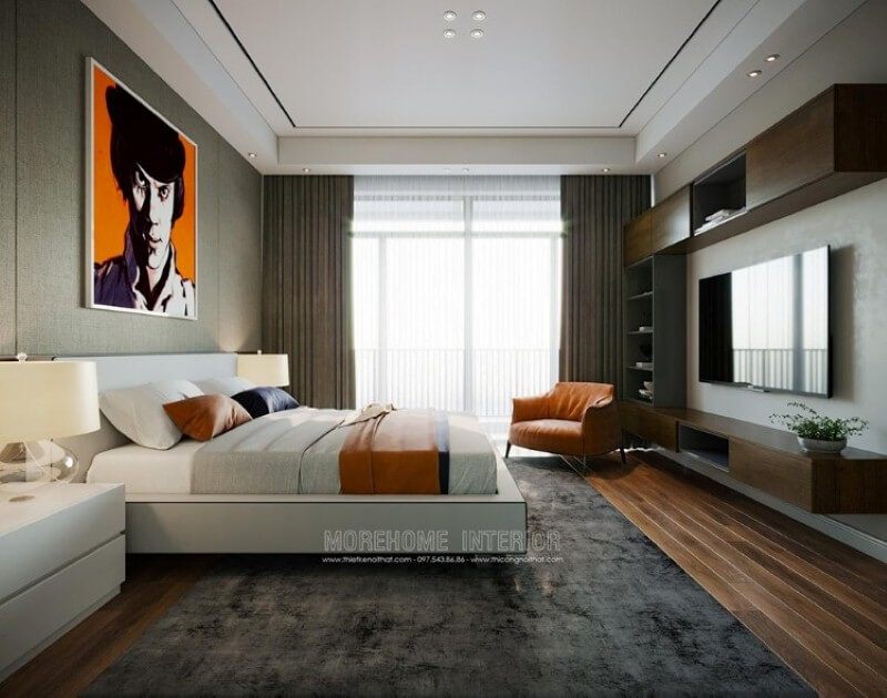 Bố trí nội thất phòng ngủ hiện đại ấn tượng với điểm nhấn cam xen kẽ giữa 2 gam màu trắng, xám tương phản.