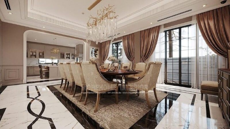 Thảm trải sàn hoa văn đẹp, sang trọng lựa chọn tinh tế cho không gian phòng ăn đương đại nhẹ nhàng.