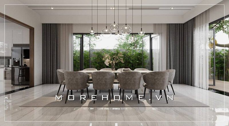 Mẫu thiết kế nội thất phòng ăn biệt thư với bộ bàn ghế ăn đẹp tạo điểm nhấn bật cho không gian căn nhà