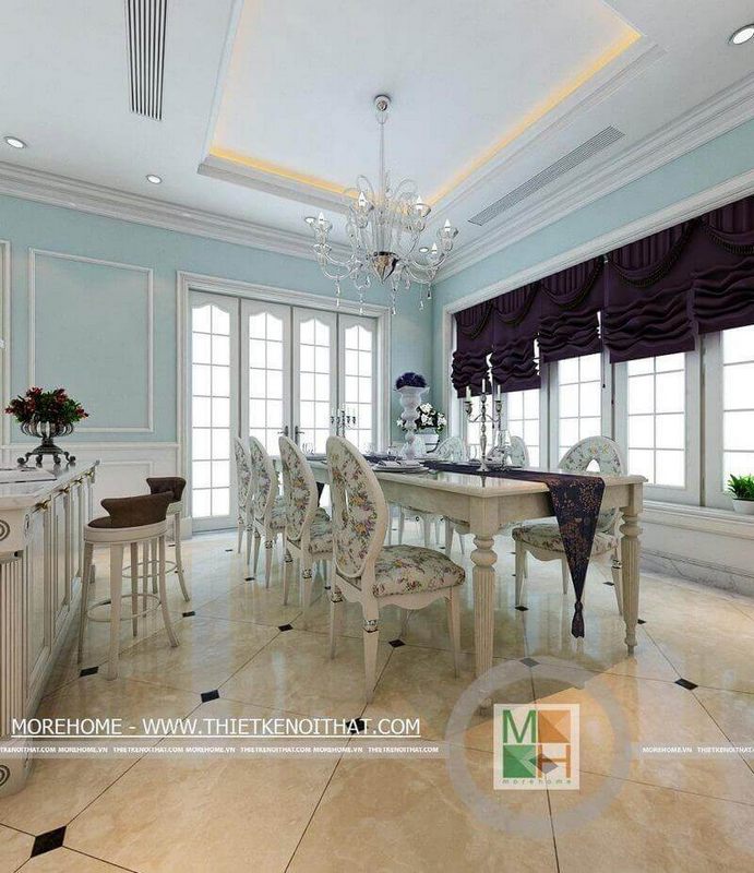 Mẫu bàn ăn gỗ tự nhiên màu trắng với thiết kế tân cổ điển kết hợp họa tiết ấn tượng mang đến sự độc đáo, tinh tế hơn cho không gian căn phòng