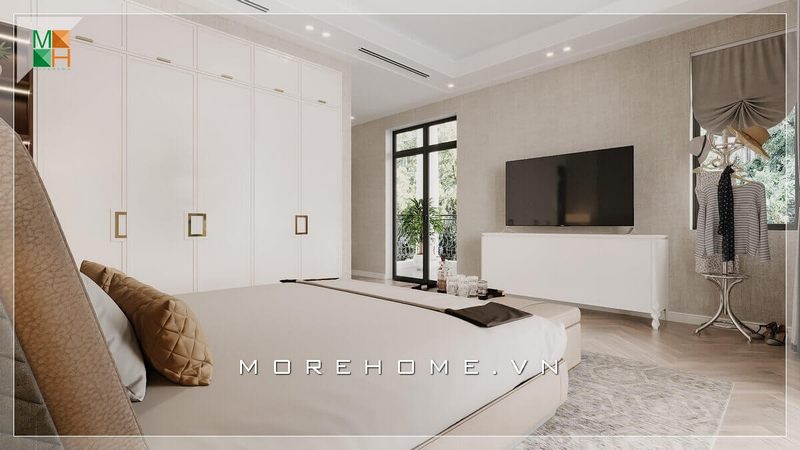 Mẫu thiết kế phòng ngủ phong cách tân cổ điển với nội thất gỗ tự nhiên sơn trắng sang trọng cho chung cư, nhà phố, biệt thự