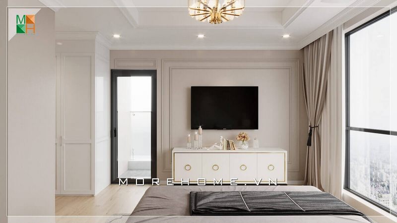 Mẫu phòng ngủ cho chung cư, nhà phố, biệt thự phong cách tân cổ điển với nội thất gỗ công nghiệp sơn trắng cao cấp, lấy ánh sáng tự nhiên từ hệ thống 2 cửa kính cường lực ban công, giúp căn phòng luôn sáng sủa và có sự liên kết với không gian bên ngoài
