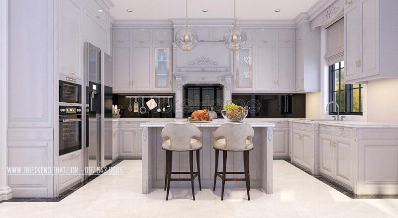 Tủ bếp chữ U cao cấp kết hợp với bàn đảo chính giữa tạo cho các bà, các mẹ dễ dàng nấu nướng và di chuyển, mang lại những bữa ăn nhanh chóng và ngon miệng hơn