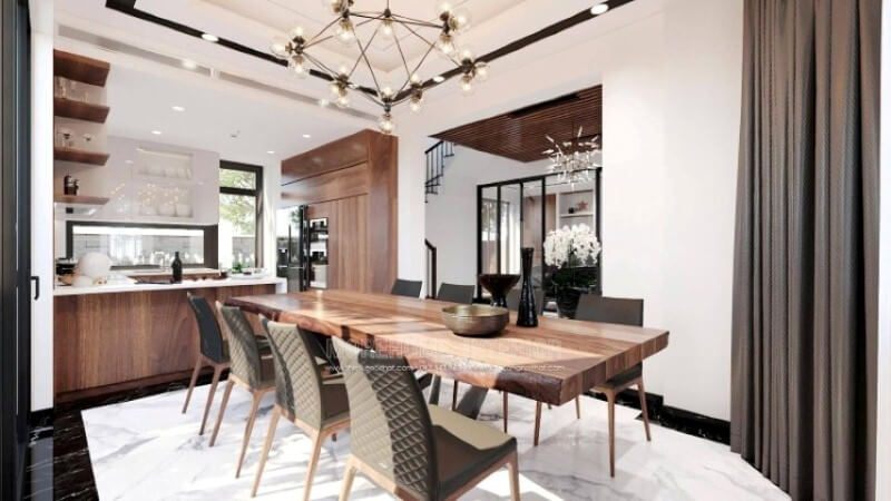 Một sự kết hợp tuyệt vời giữa tủ bếp gỗ óc chó veneer nâu trầm, gam màu trắng sáng, tủ bếp trên gỗ công nghiệp acrylic và mặt bàn bếp đá nhân tạo gốc thạch anh sẽ là một ý tưởng tuyệt vời để thiết kế nội thất phòng bếp hiện đại cho không gian nhà phố, biệt thự. Sự tương phản giữa 2 sắc màu sẽ làm nổi bật không gian.