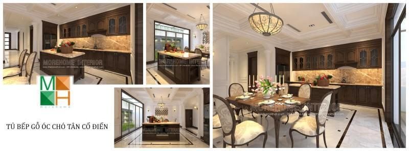 Tủ bếp tân cổ điển gỗ óc chó sẽ giúp không gian bếp của bạn trở nên sang trọng, bữa cơm gia đình sẽ trở nên ngon miệng hơn.