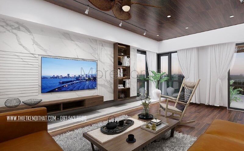 Đá ốp tường vân mây điểm nhấn ấn tượng cho phòng khách hiện đại, sang trọng.