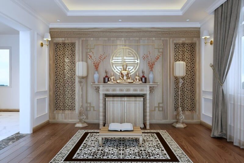 Mẫu bàn thờ tổ tiên hiện đại với phần tủ thờ bên dưới có bánh xe giúp cho gia chủ dễ dàng di chuyển thuận tiện cũng như bày biện đồ cúng