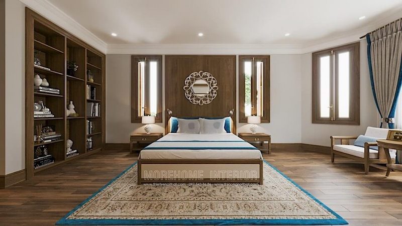 Trên đầu giường thường được bố trí một chiếc gương trang trí nhiều họa tiết uốn lượn nghệ thuật vừa mang tính thẩm mỹ, vừa mang tính phong thủy