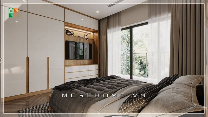 Mẫu thiết kế phòng ngủ phong cách hiện đại cho nhà phố, biệt thự sử dụng gỗ công nghiệp cao cấp, lấy ánh sáng tự nhiên nhờ hệ cửa kính cường lực lớn, giúp không gian căn phòng trở nên thoáng đãng hơn